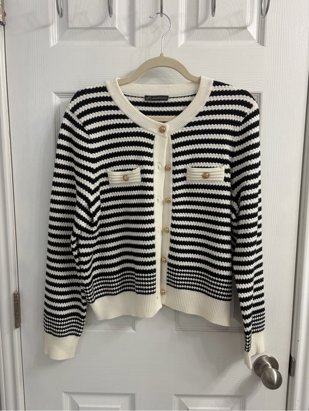 Adrianna Papell Black and Cream Striped Button-Front Cardigan